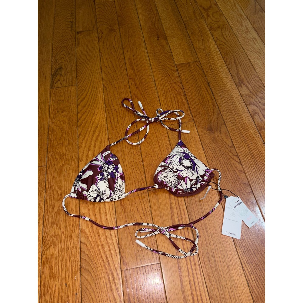 Express Body Contour Swim Floral Triangle Bikini Top Plum Purple White S NEW